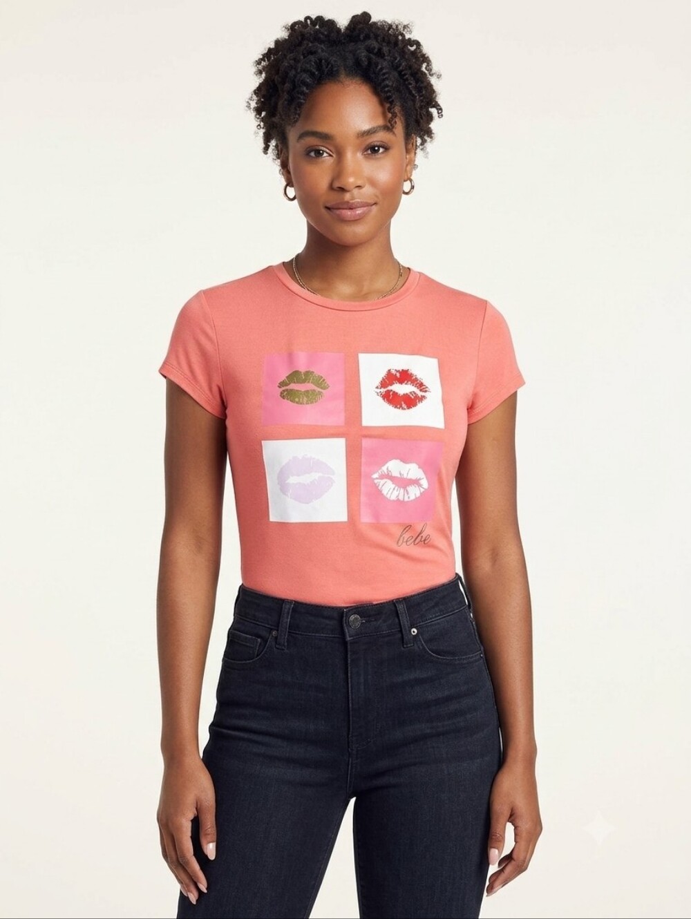 Bebe L shortsleeve coral pink lips graphic t-shirt